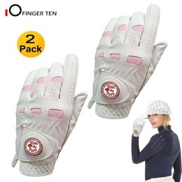 Cycling Gloves 2 Pcs Cabretta Leather Golf Women with Bling Ball Marker Grip Left Right Hand Pink Fit Ladies Girls Golfer 230614