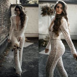 Bohemian 2021 Jumpsuits Wedding Dresses Lace Appliqued Bridal Gowns Deep V Neck Beaded Crystal Boho Robes De Mariee307o
