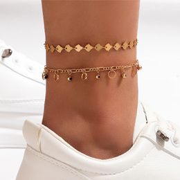 Simple Black Crystal Inlaid Circle Double Layer Anklets Gold Colour Shell Multilayer Foot Chain Ankle Bracelets for Women Jewellery