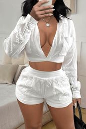 Women's Tracksuits Solid White Blue Long Sleeve V-neck Shirt And Shorts Set Two Piece Tracksuit Summer Women Outfits Streetwear 2023