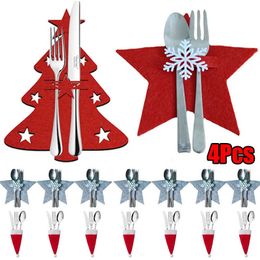 New 4Pcs Xmas Cutlery Bags Pocket Christmas Tree Stars Snowflake Fork Knife Spoon Holder Bags For Kitchen Tableware Organiser Decors