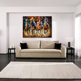 Textured Canvas Art Horses Racing Follow The Leader Handmade Knife Painting for Cafe Bar Wall