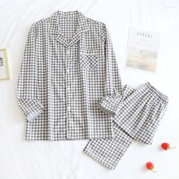 Women's Sleepwear Spring / Autumn Long Sleeved Pyjamas Men And Women Trouser Suits Thin Plaid Plain Cotton Two Piece Set Lovers Home Clothes