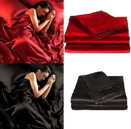 Bedding sets 95gsm 4 Pc Luxury Satin Silky Soft QUEEN Bed Fitted Bed Sheet Set - RED BLACK 230614