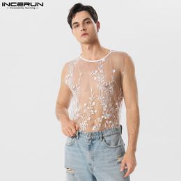 Men's Tank Tops INCERUN Men Tank Tops Flower Embroidery Summer Mesh Transparent Streetwear Sexy Vests O-neck Sleeveless Men Clothing S-5XL 230615