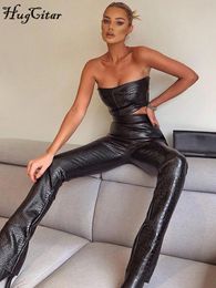 Women's Two Piece Pants Hugcitar Sleeveless Solid Pu Leather Backless Tube Top Leggings 2 Pieces Set Autumn Winter Women Sexy Streetwear Tracksuit 230615