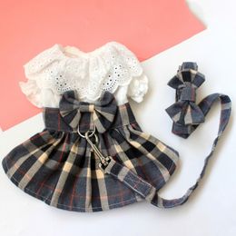 Dog Apparel Dog Clothes Dog Dress Plaid Skirt With Big Bowknot Pet Harness With Leash Set For Girls Small Medium Chihuahua Dog Clothing 230614