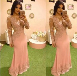 Sexy Pink Evening Dress V Neck Lace Appliques Crystal Beads Mermaid illusion Long Sleeves Formal Party Dress Prom Gowns