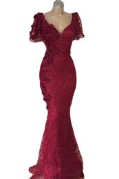 Arabic Dubai Luxury Dark Red Mermaid Prom Dresses with Short Sleeve V-neck Lace Beaded Pearls Long Formal Dress Evening Gowns Vestidos