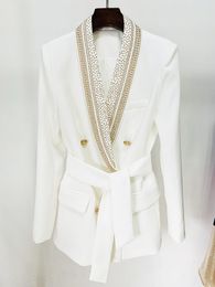 Women's Suits HIGH STREET Est 2023 Stylish Designer Jacket Metal Sheets Beading Belted Shawl Collar Blazer