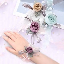 Charm Bracelets Silk Roses White Wrist Corsage Flowers For Bridesmaids Flower Bracelet Pink Bridal Sisters Wedding Accessories