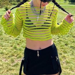 Women's T Shirts Green Striped See Through Knitted Crop Top Summer Sun-protection Smock Cover-Ups Tees Y2K Aesthetic Vintage Transparent