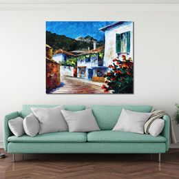 Contemporary Abstract Canvas Art House on The Hill Cityscape Oil Painting Handmade Modern Pub Bar Decor