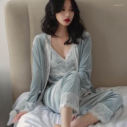 Women's Sleepwear 3PCS Sleep Set Sexy Lace Women Pyjamas Velour Autumn Female Velvet Pyjamas Suit Casual Nightwear Home Wear