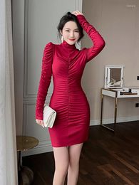 Casual Dresses Korean Style Elegant For Women 2023 Turtleneck Inner-Match Folds Mini Street Clothes Female Dress Vestidos