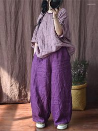 Women's Pants Women Loose Linen Wide Leg Ladies Elastic Waist Solid Flax Trousers Female 2023 Vintage Summer Autumn