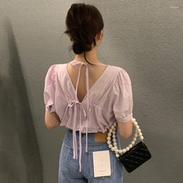 Women's Blouses Women Solid Open-back Color Shirt Female Summer V-neck Lace-up Bubble Sleeve Loose Top Clothing