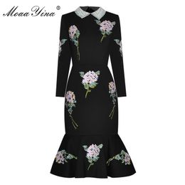 Basic Casual Dresses MoaaYina Autumn Women Dress Beaded turn-down collar Rose Embroidery drilling Black Slim Package hip Elegant Mermaid Dresses 230615