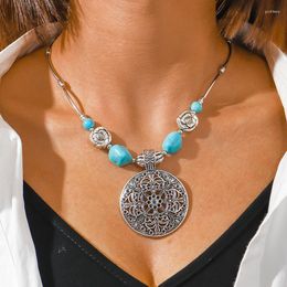 Chains Vintage Bohemian Tibetan Silver Turquoise Big Charm Pendant Choker Necklace For Women Girls Party Jewellery Gifts Dz942