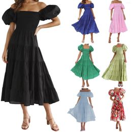 Casual Dresses Women'S Summer Solid Colour Puffy Sleeve One Shoulder Layered Pleated Floaty Beach Vestido Feminino Vestidos De Fiesta