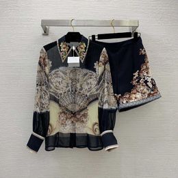 23ss women shorts sets women designer clothes fan-shaped print sexy perspective heavy work studded beaded lapel long-sleeved shirt A-line shorts Women clothes