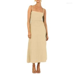 Casual Dresses Women Summer Sleeveless Square Neck Ribbed Knitted A-Line Swing Long Cami Dress