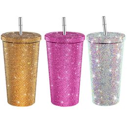 Water Bottles Mug Gril Cup Portable Diamond Steel 750ml Flask Water Stainless With Thermos Bling For Women Glitter Thermal Straw 230614