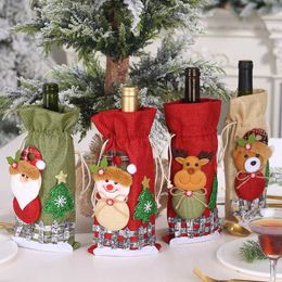 New Plaid Doll Wine Bottle Bag Linen Snow Cartoon Drawstring Wine Bottle Cover Christmas Table Decoration Home Christmas Decoration