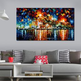 Vibrant Street Art on Canvas Old Port Handmade Contemporary Oil Painting for Living Room Wall