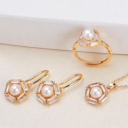 Necklace Earrings Set Real Freshwater Pearl Suit Pentagon Earring Rings Pendants White Round Copper Alloy Three-Piece Gift For Woman