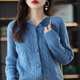 Women's Knits Women's Fashion Twist Elegant Warm Knitting Cardigan Pure Wool Round Neck Autumn And Winter Versatile Loose Coat