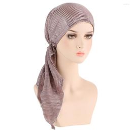 Ethnic Clothing 2023 Fashion Women Flower Muslim Pleated Silver Curved Solid Scarf Turban Head Wrap Cap Printed Headwear Lady Hats