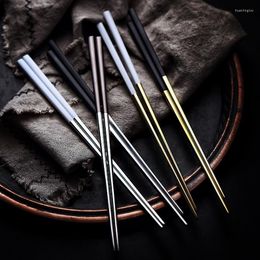 Chopsticks 1pair Nordic Stainless Steel With Black Matte Handle European High-end Gold And Long