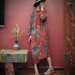 Casual Dresses 2023 Spring Retro Cotton Linen Print Flower Button Comfortable Long Sleeve Women Dress RV865