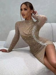 Casual Dresses Ailigou 2023 Summer Women's Sexy Pearl Pleated Intimate Dress Long Sleeve Mesh Tulle Birthday Club