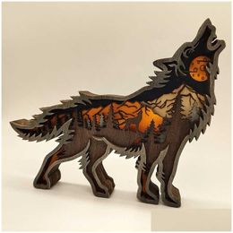 Other Home Decor Wild Wolf Craft 3D Laser Cut Wood Material Gift Art Crafts Forest Animal Table Decoration Statues Ornaments Room Dr Dhbzf