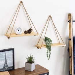 Decorative Objects Figurines 1pc Wooden Wall Shelves Hemp Rope Swing Hanging Plant Flower Pot Tray Morden Indoor Home Decoration Simple Design 230615