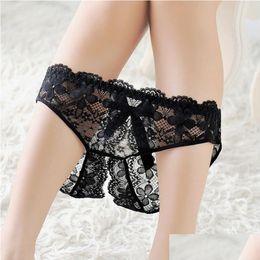 Women'S Panties Crotchless Sexy Back Bowknot Lingeries Woman Briefs Transparent Open Crotch Underwears Thongs Women Under Clothes Dr Dhhz9