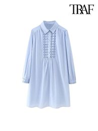 Casual Dresses Women Fashion Cutwork Embroidery Mini Dress Vintage Long Sleeve Front Button Female Vestidos Mujer