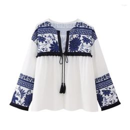 Women's Blouses Tassel Decoration Print Blouse Women O Neck Long Sleeve Loose Casual Vintage Shirts Spring Summer 2023 Thin Pullover