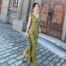 Party Dresses 2023 Elegant Green V-Neck Satin Jacquard Dress Women's Backless Sexy Maxi Summer Ladies Robe Vintage Vestidos Female Cloth