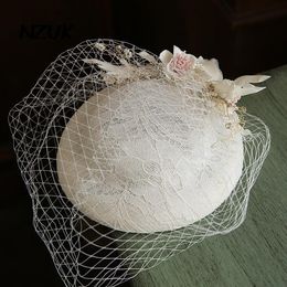 Wedding Hair Jewelry Pearls Flower Bridal Hat with Veil Short Mesh Weddings Hat for Bride Cap Fashion Church Womens Party Headwear noivas 230615