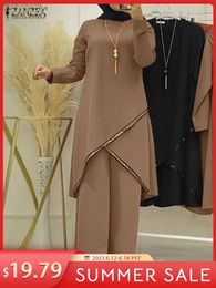 Ethnic Clothing Autumn Muslim Sets Long Sleeve O-Neck turkish Blouse Wide Leg Pant Suit ZANZEA Casual Solid Women Matching Set Ladies Outfits 230616