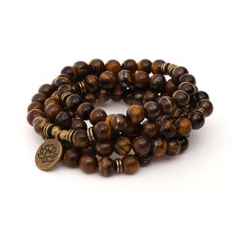 Bangle 8mm Tiger Eye Stone Beads Strand Charm Chakra Bracelet or Necklace Yoga Lotus OM Buddha 108 Mala for Men Women 230615