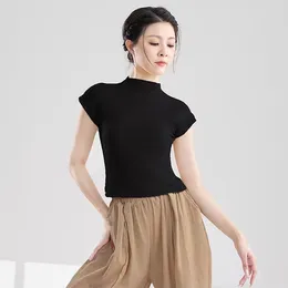 Stage Wear Adult Women Ballet Modern Latin Dance Leotard Mock Neck Knit High Stretch Tee Shirts Top White Black Dancing T Shirt Wholesale