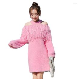 Casual Dresses Women's Autumn And Winter Style Hanging Sexy Dress Tassel Knitting Loose Round Neck Long Sleeve Woolen Skirt