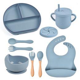 Cups Dishes Utensils 9-piece baby tableware set with colored blocking smiley face dinner plate bib bowl silicone spoon fork cup two tone children's plate 230615