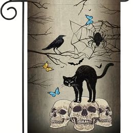 1pc, Halloween Garden Flag 12x18 Double Sided Spooky Cat Skull Crow Spider Burlap Yard Flag For Fall Holiday Halloween Patio Porch Outdoor Decoration