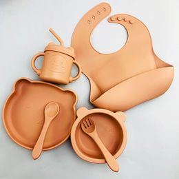 Cups Dishes Utensils 3-9 pieces baby silicone tableware set baby feeding bib bowl dish cup spoon fork sbisphenol A 230615