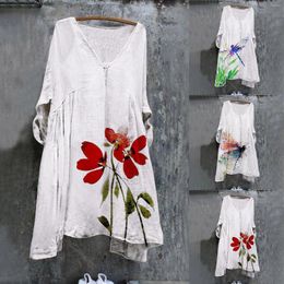 Casual Dresses Tops Women 2023 Summer Three Quarter Sleeves Linen Print Mid Length Flowy For Girls Outfits Ladies Sundress